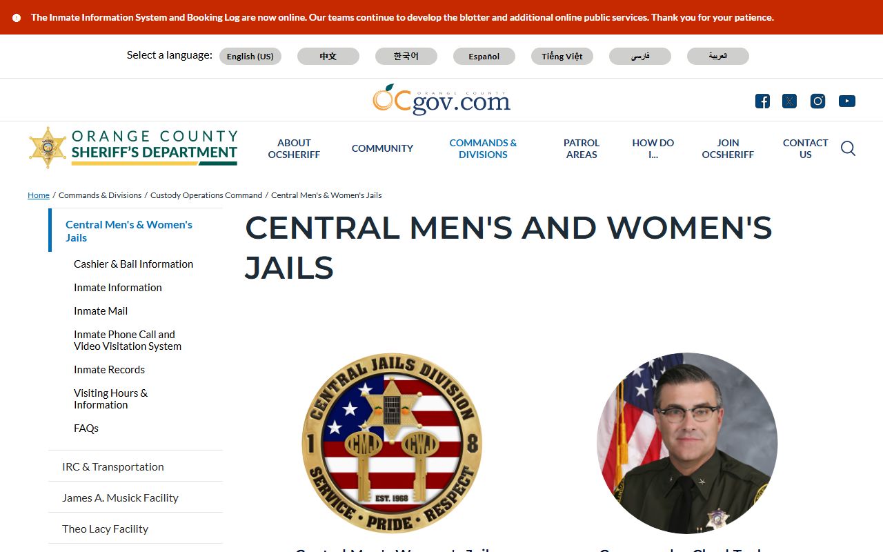 Orange County Central Women's Jail custody information from OCSD