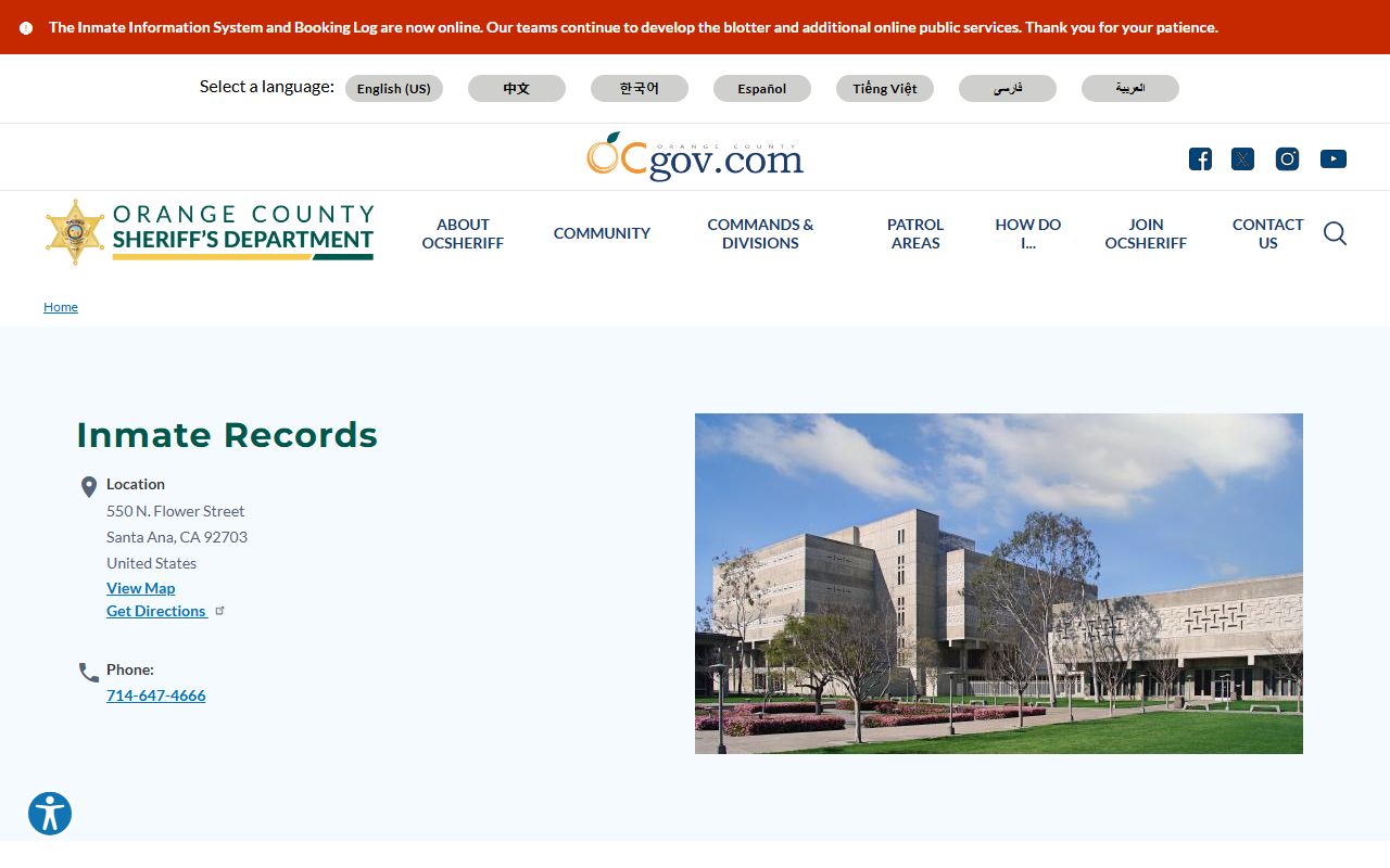 Orange County inmate records page for jail roster lookup
