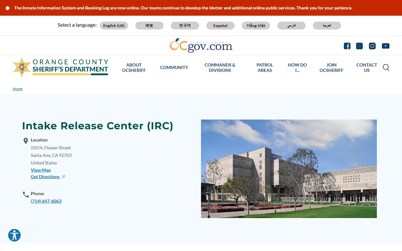 Orange County Intake Release Center inmate lookup page from OCSD