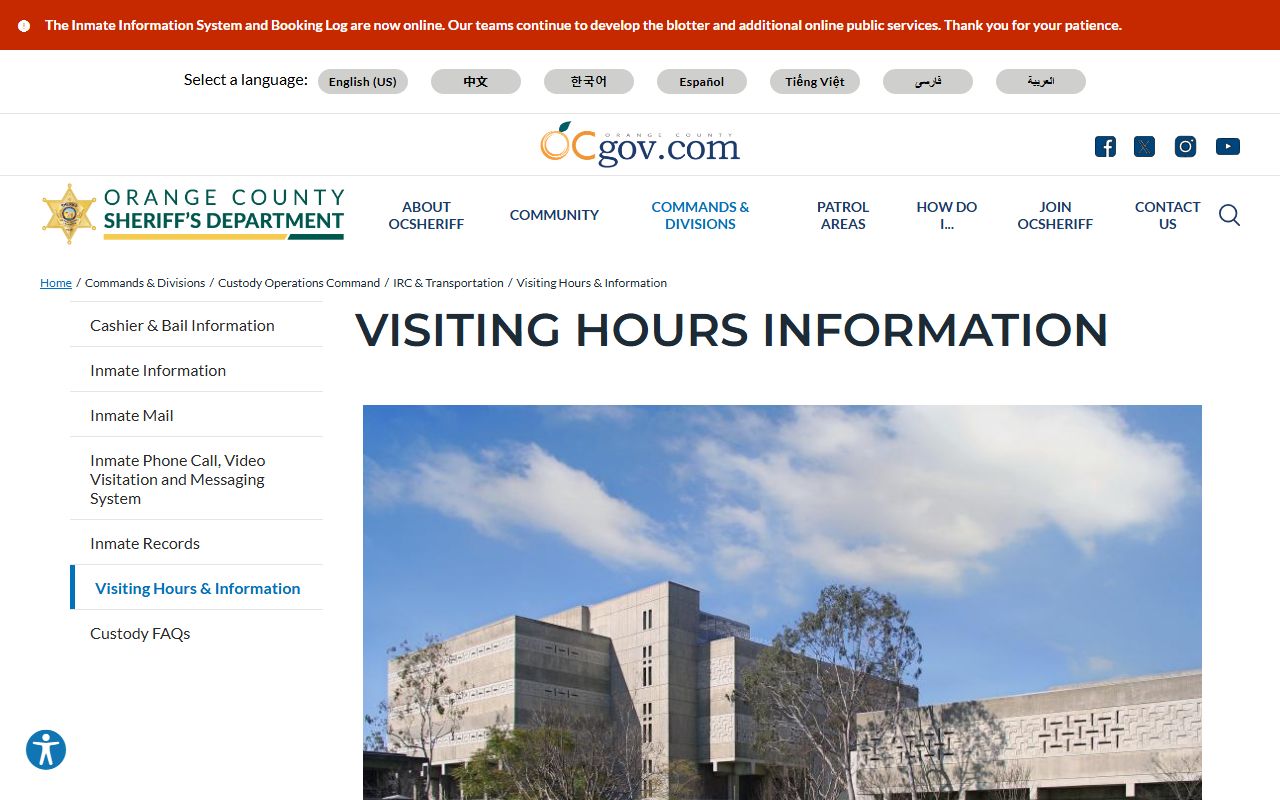 Orange County Intake Release Center visiting information for inmate visits