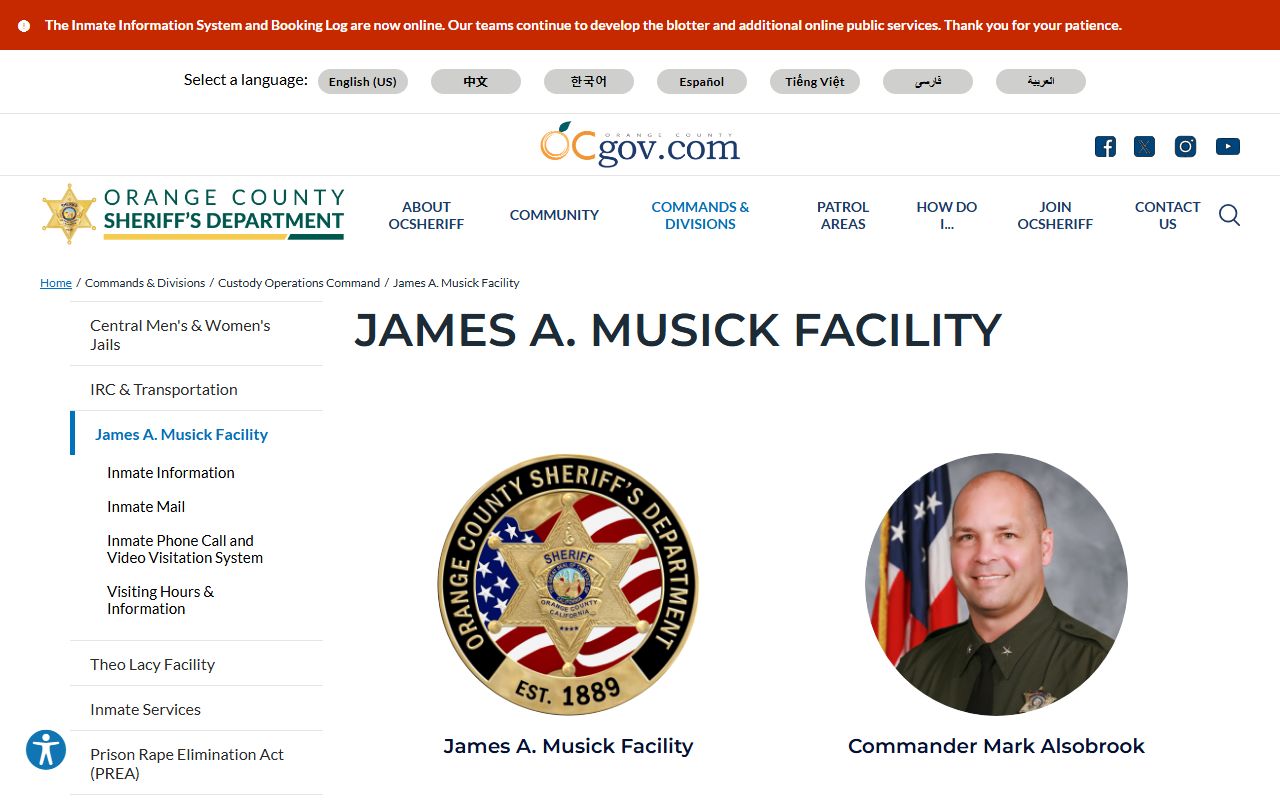 James A. Musick Facility Orange County inmate lookup and jail overview