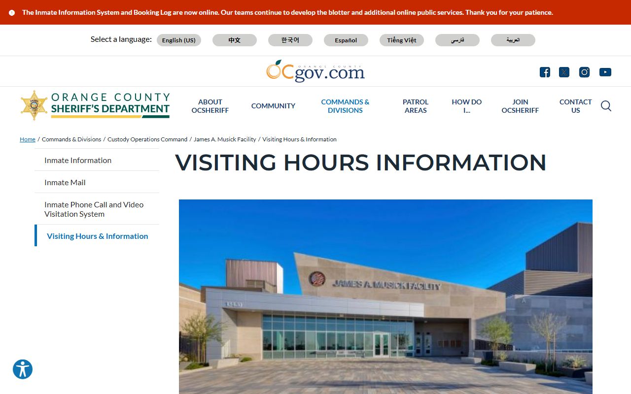 James A. Musick Facility visiting information for Orange County inmates
